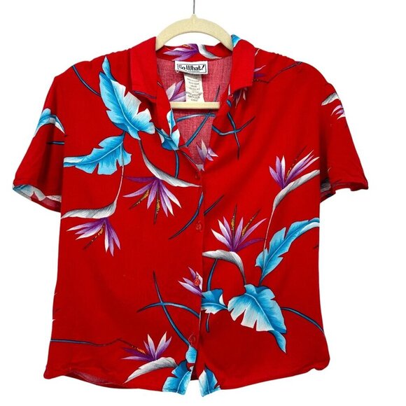 Vintage So What! Of California Floral Red Button Hawaiian Shirt Girls Large - Picture 1 of 6